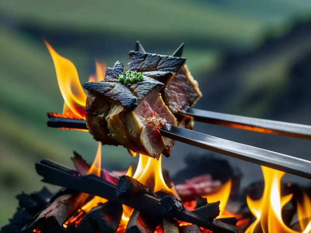 Delicioso asado al palo en Patagonia: suculento cordero a la parrilla sobre llamas, en un paisaje impresionante