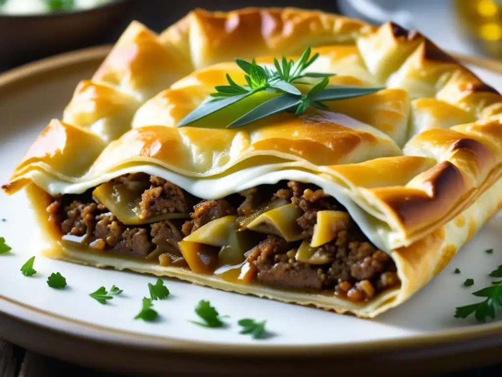 Delicioso burek balcánico con capas de hojaldre y carne, servido con yogur y hierbas frescas