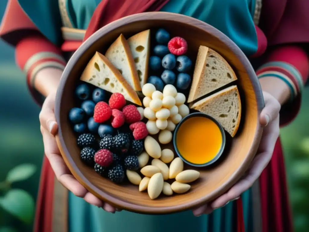 Delicioso banquete de ingredientes vikingos: bayas, frutos secos, pescado seco y pan, transmitiendo nutrición y fortaleza guerreros vikingos