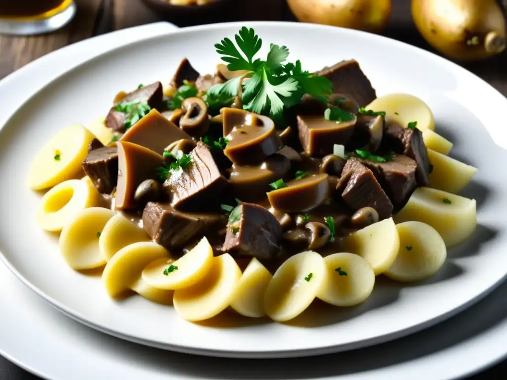 Delicioso Beef Stroganoff con influencia francesa en plato blanco