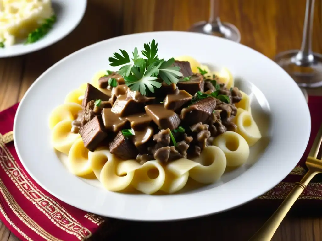 Delicioso Beef Stroganoff con twist ruso en plato elegante