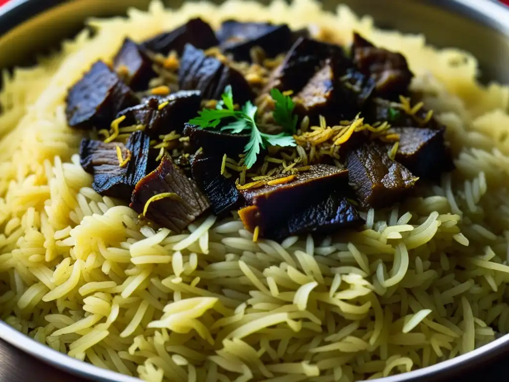 Un delicioso biryani con capas de arroz basmati, carne marinada y especias, mostrando el origen histórico del biryani