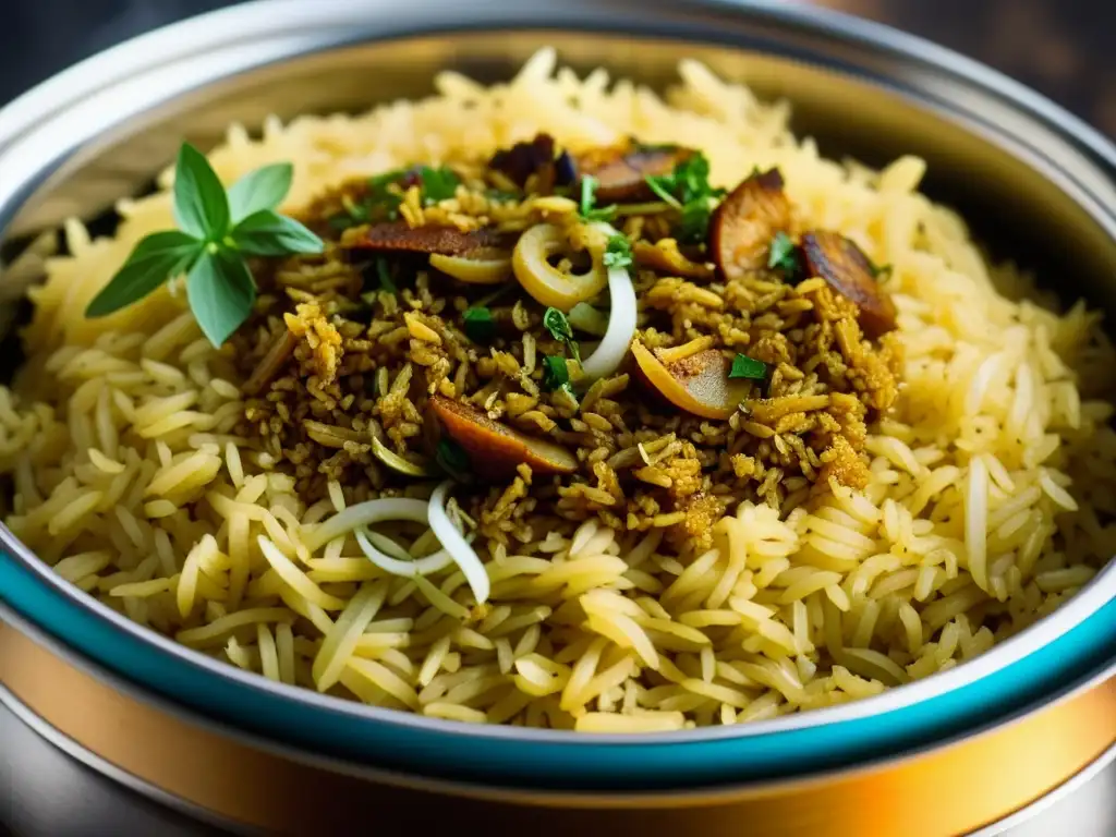 Un delicioso biryani casero de la cocina asiática con capas de arroz, carne, cebolla frita y hierbas frescas, todo humeante y tentador