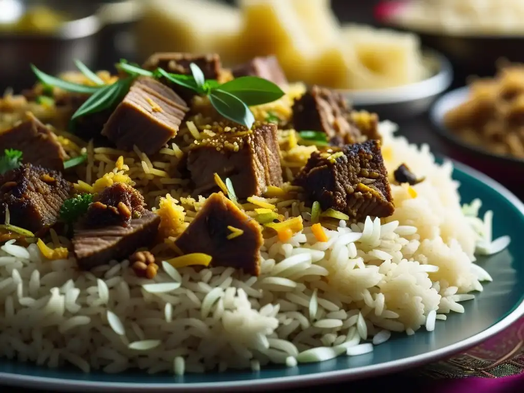 Delicioso biryani indio con influencias mongoles: arroz fragante, carne tierna y especias aromáticas