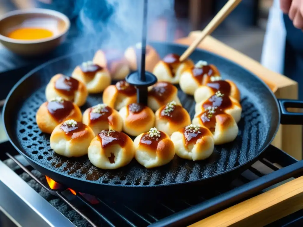 Delicioso takoyaki cocinándose en bullicioso mercado callejero de la era Edo