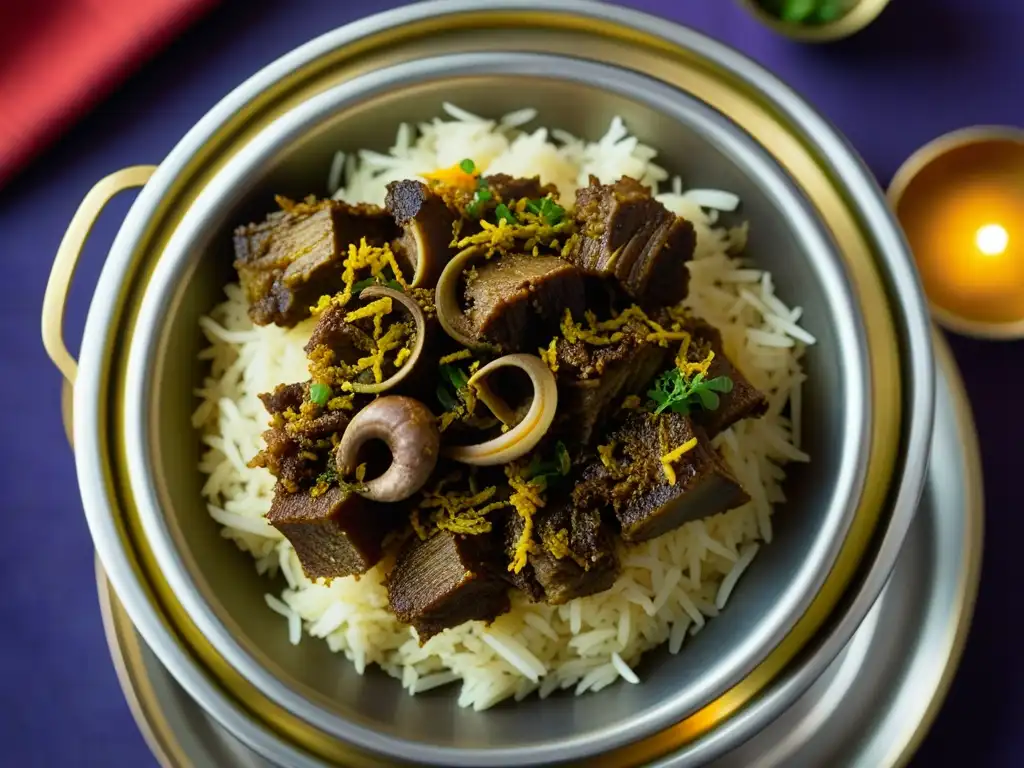 Un delicioso 'Mutton Biryani' con capas de arroz basmati, carne de cordero marinada y especias aromáticas servido en un recipiente de latón decorativo