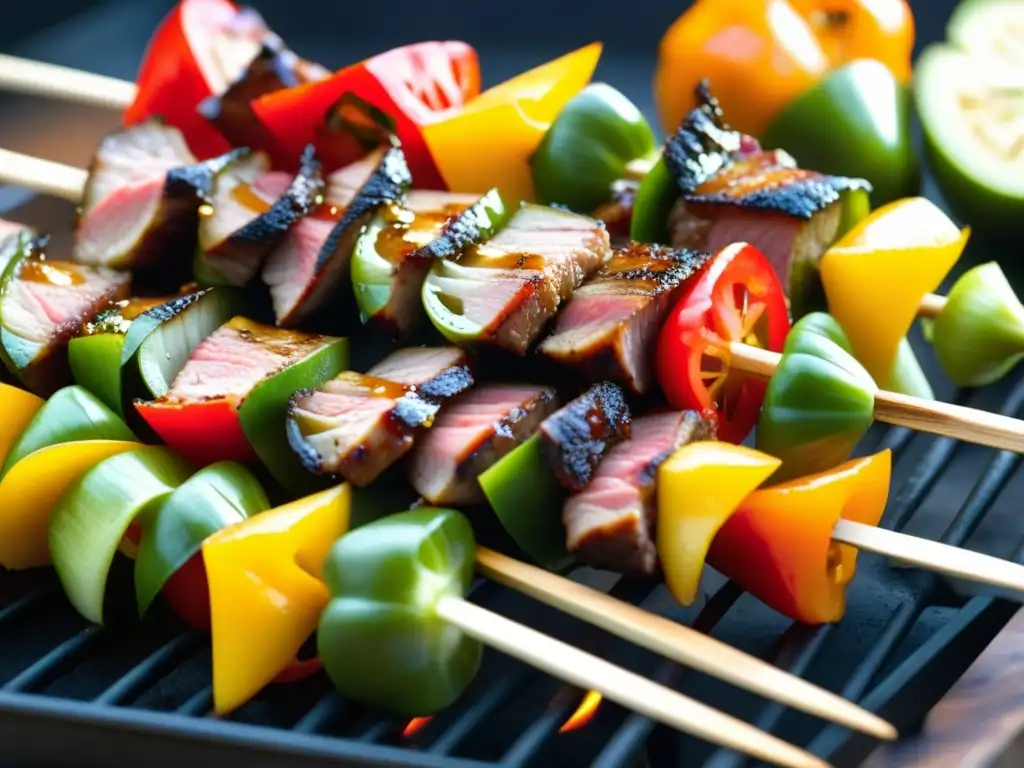 Delicioso kebab con carne y vegetales, listo para ser grillado