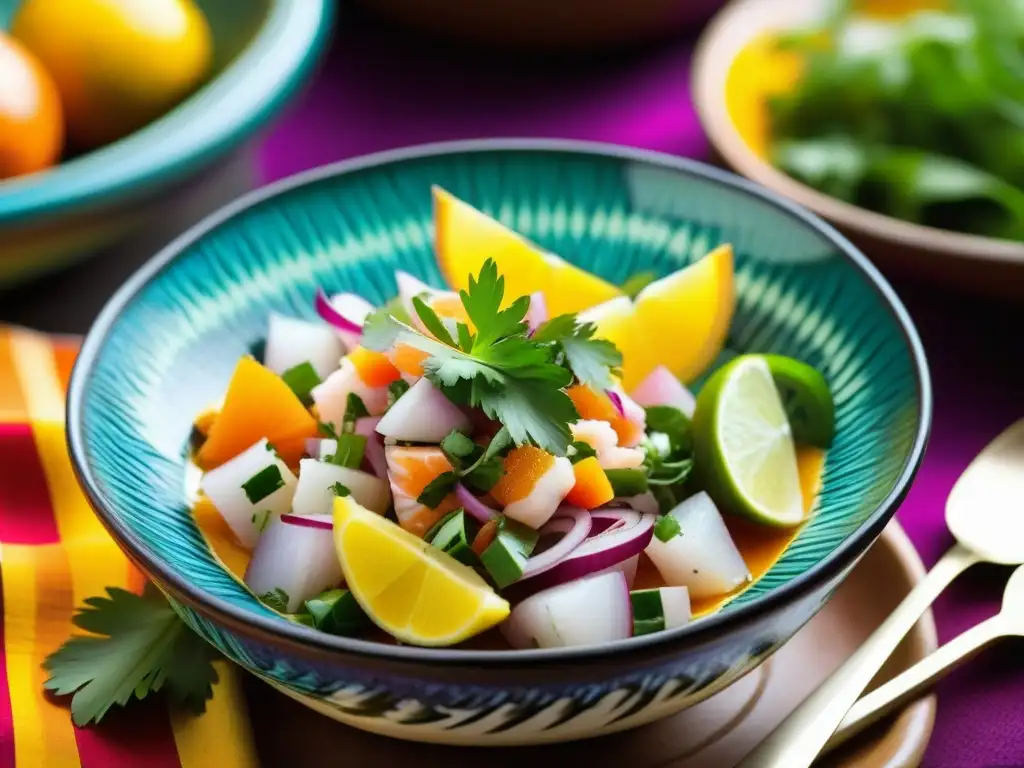 Delicioso ceviche peruano en bol de cerámica, con influencia gastronómica española en Sudamérica