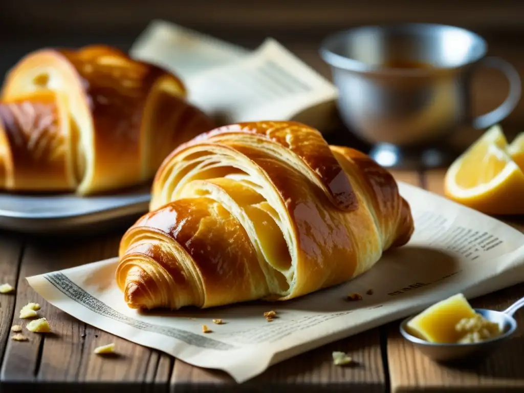 Delicioso croissant dorado y escamoso, influencia de Repostería europea postRevolución Francesa