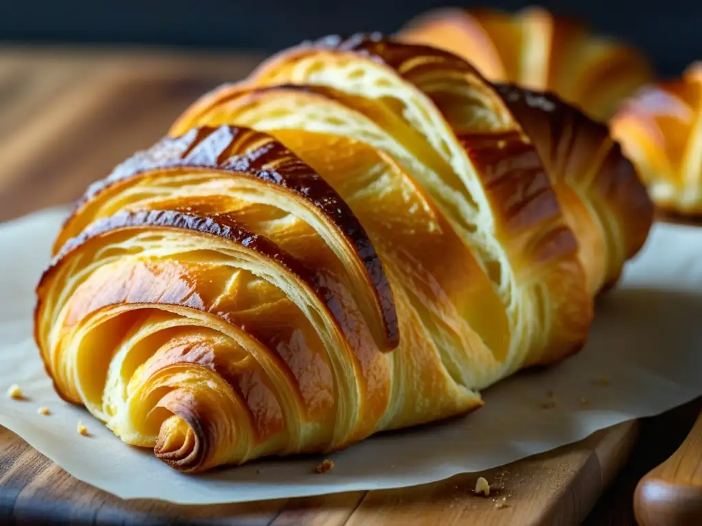 Delicioso croissant dorado sobre tabla de madera rústica