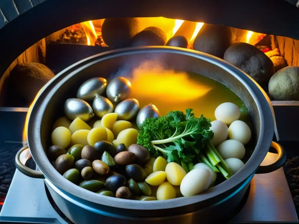 Delicioso curanto en hoyo ritual gastronómico Chiloé cocinándose, con colores y texturas vibrantes