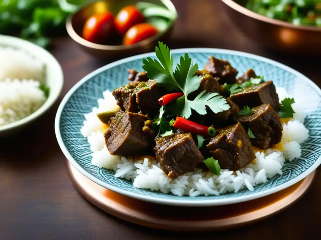 Delicioso curry indio con carne de cordero, cilantro y chiles rojos en un bol de cobre