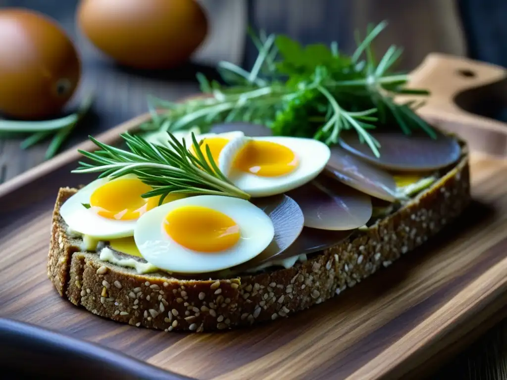 Delicioso smørrebrød danés con arenque encurtido, huevo y hierbas sobre pan de centeno, en plato rústico de madera