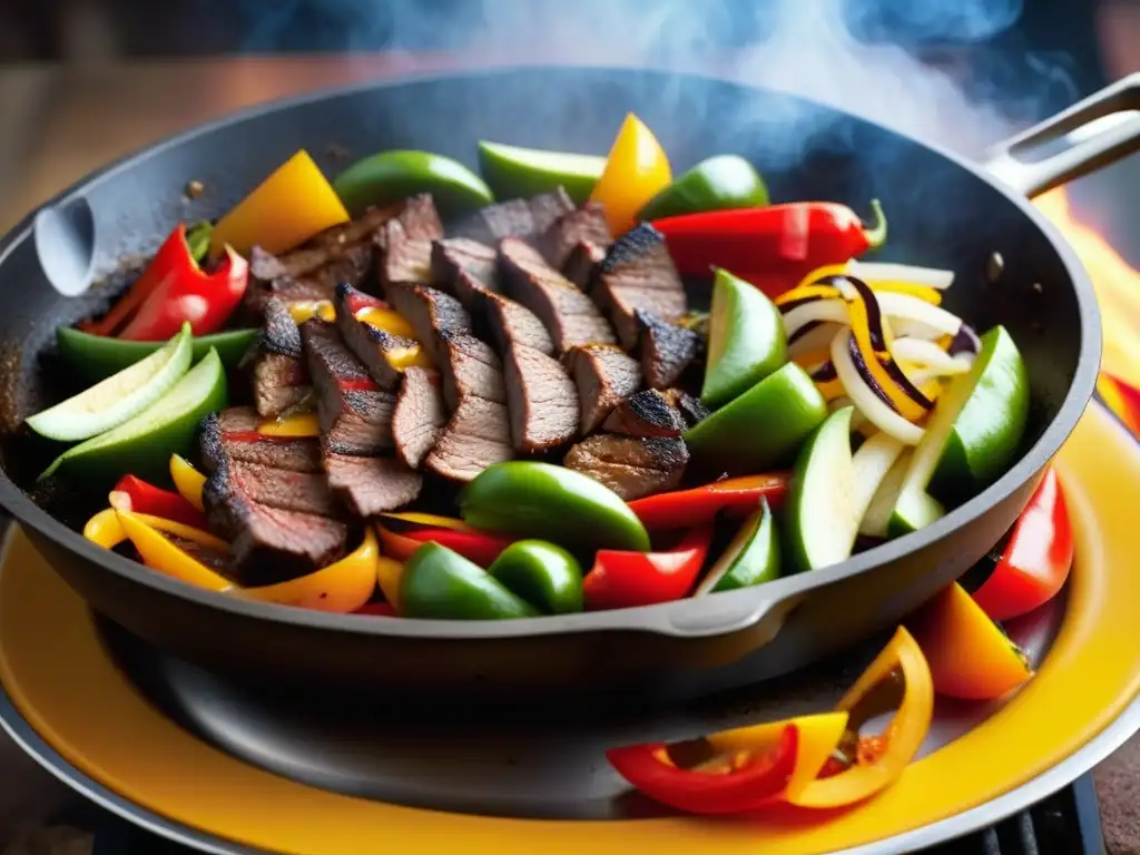 Delicioso fajita TexMex con carne y verduras en un sartén humeante, evocando la historia culinaria