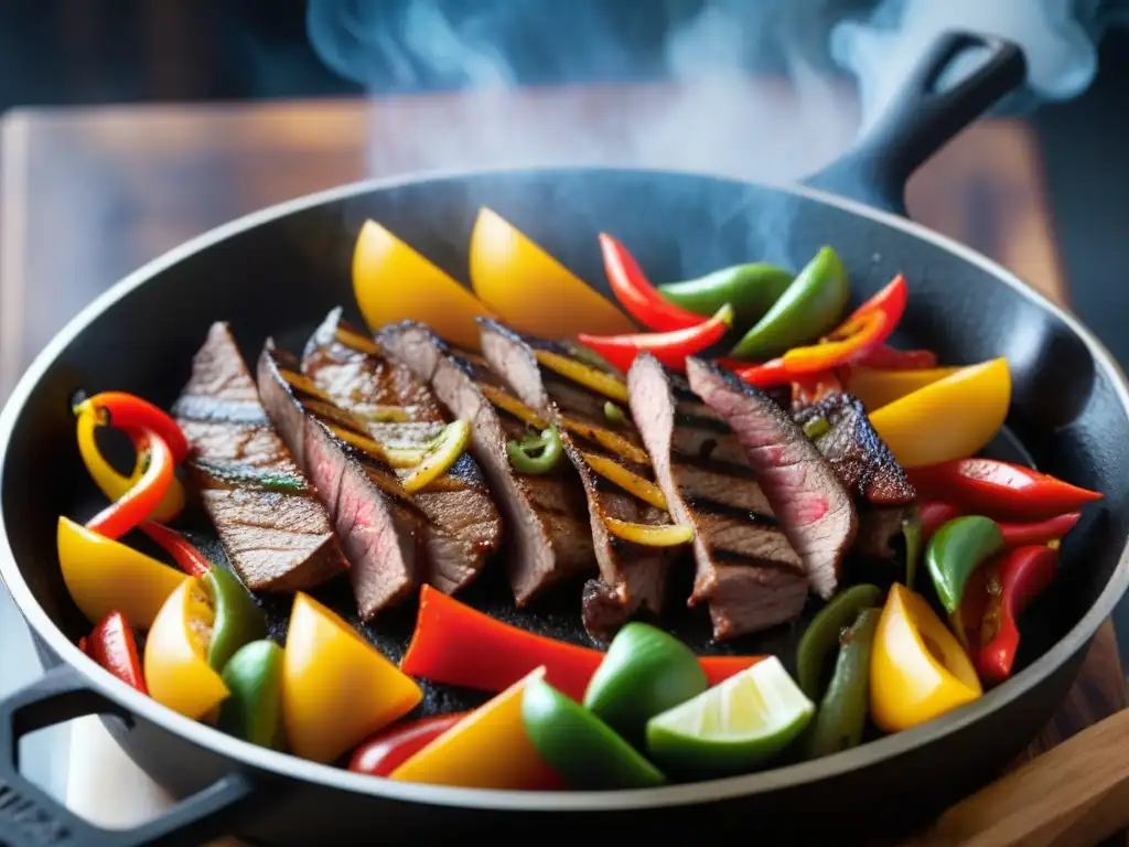 Delicioso sizzle de fajitas TexMex en sartén de hierro: cocina TexMex sostenible, autenticidad histórica