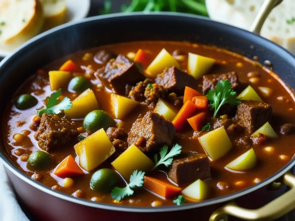 Delicioso Fiaker Goulash estofado burbujeante, con colores ricos y vapor, evocando el origen del Fiaker Goulash en cocina acogedora