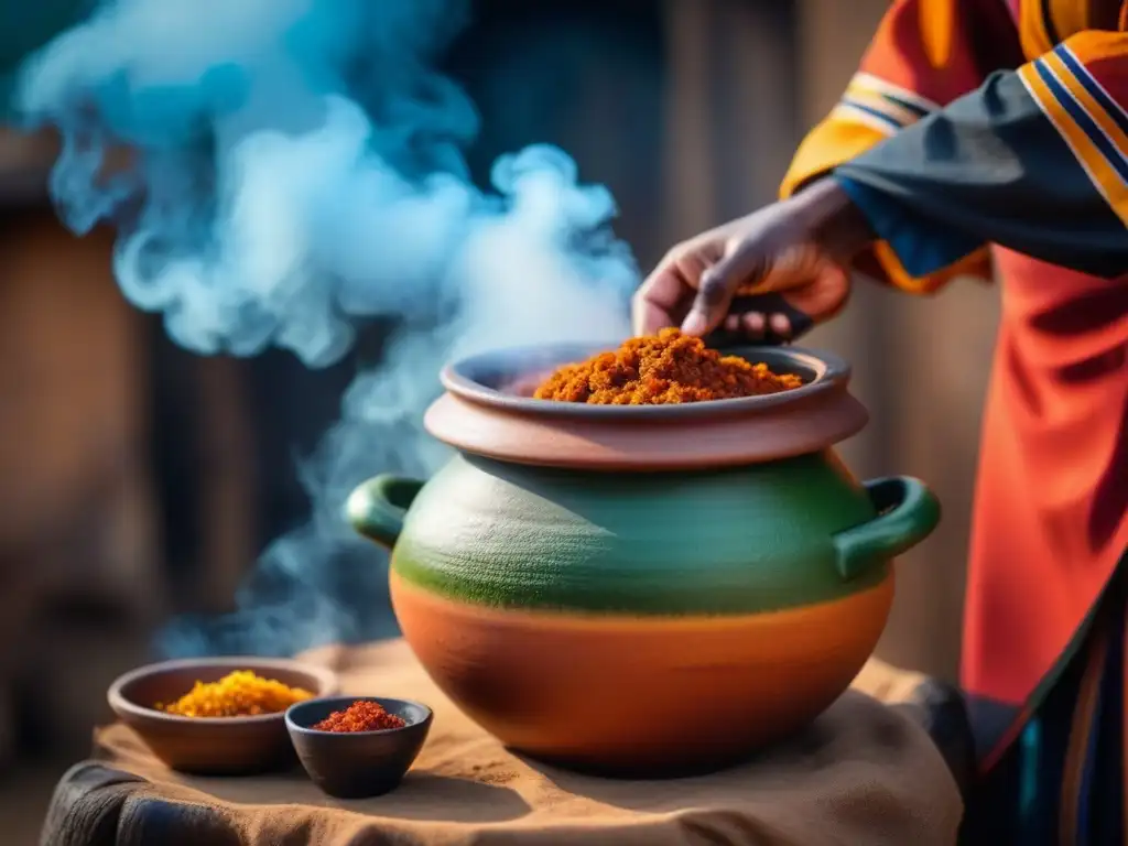 Delicioso guiso africano en olla de barro, reflejando la influencia de la cocina precolonial africana