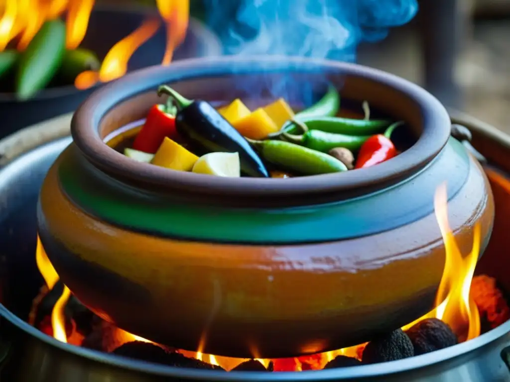 Delicioso guiso en olla de barro con ingredientes coloridos y aroma de hierbas indígenas