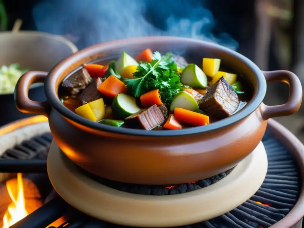 Delicioso guiso en olla de barro sobre fuego, fusionando técnicas culinarias era postcolombina