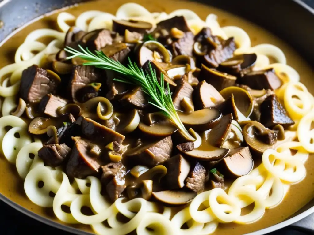 Delicioso guiso de origen receta Stroganoff cocina rusa, con tiernas tiras de carne, cebolla y champiñones en salsa cremosa