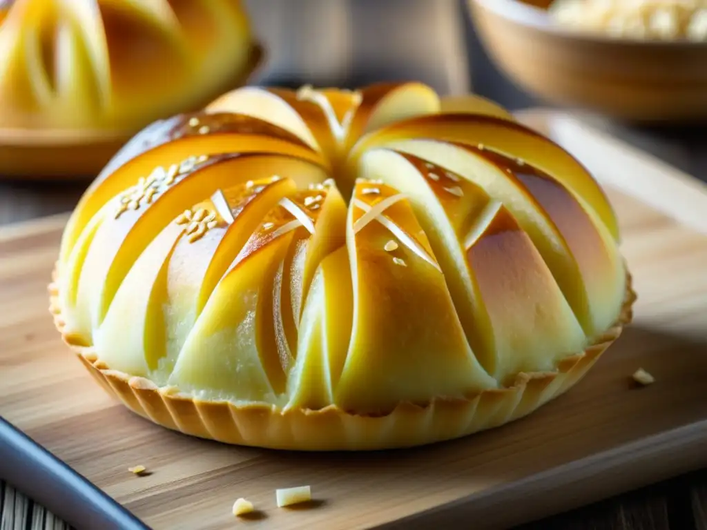 Delicioso melonpan japonés recién horneado con patrón crujiente, equilibrado y semillas de sésamo, en mesa de madera