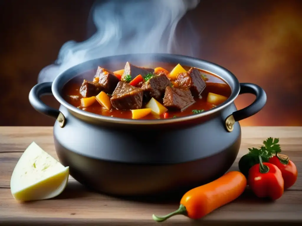 Delicioso Fiaker Goulash húngaro, con su caldo rico y carne tierna, listo para saborear