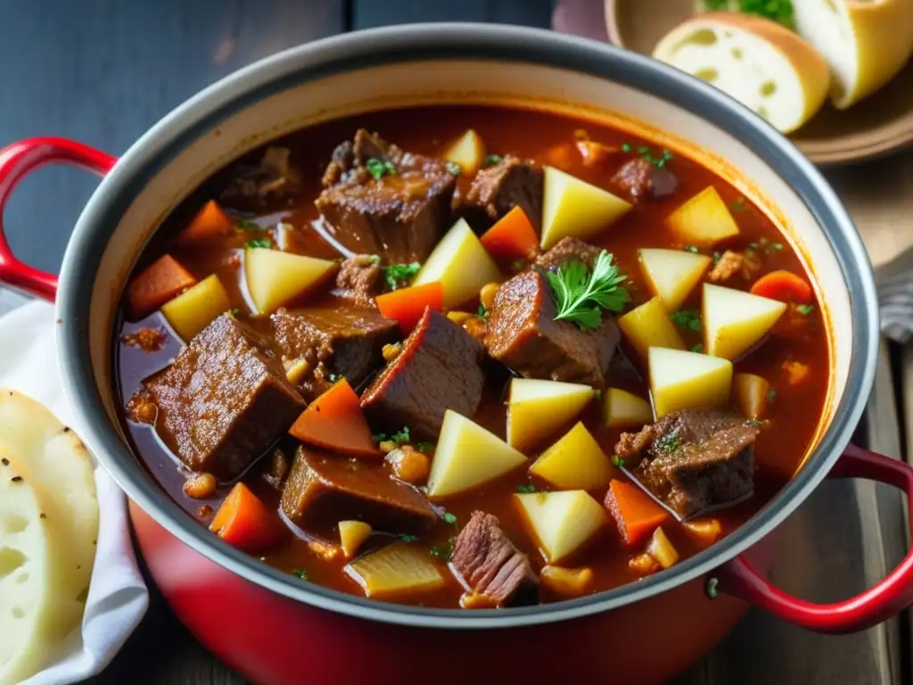 Delicioso goulash húngaro cocinándose a fuego lento, evocando la evolución del goulash en la historia