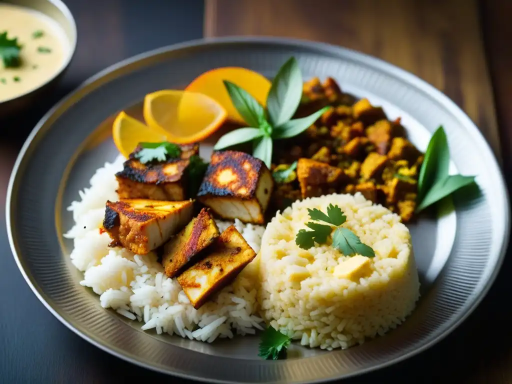 Delicioso thali indio con influencia mongol, resaltando la fusión culinaria