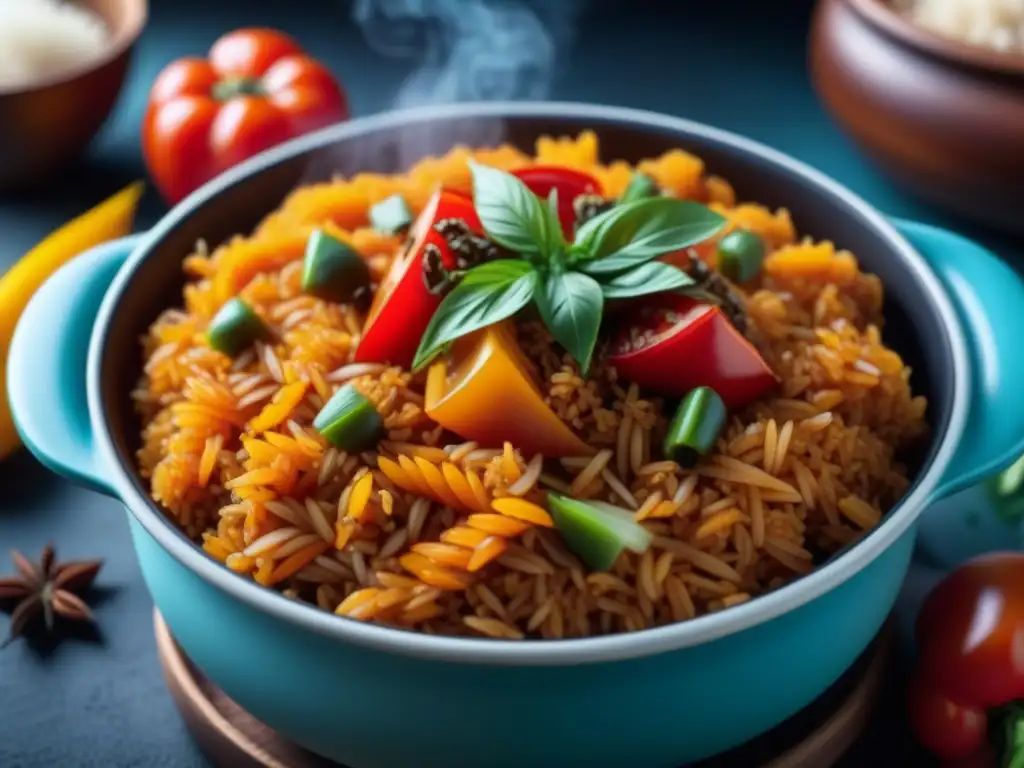 Delicioso jollof rice africano en olla de barro con vapor, ingredientes coloridos