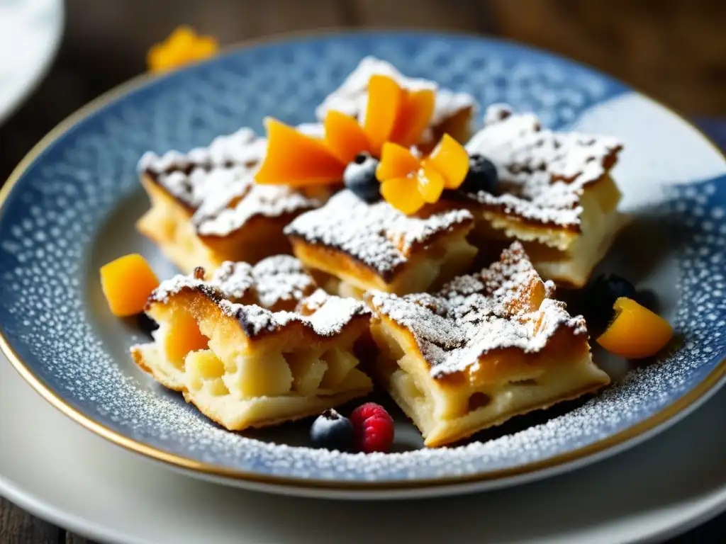 Delicioso Kaiserschmarrn dorado con bayas frescas y compota de albaricoque, servido en plato austriaco