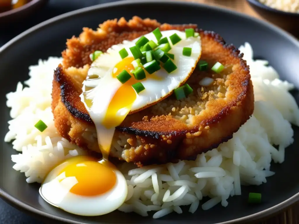 Delicioso Katsudon: Detalle dorado y apetitoso Delicioso Katsudon con tonkatsu dorado, cebolla caramelizada y huevo, sobre arroz