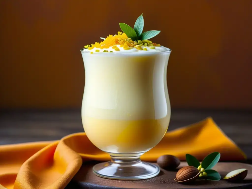 Delicioso Lassi adornado con azafrán y pistachos sobre fondo terracota