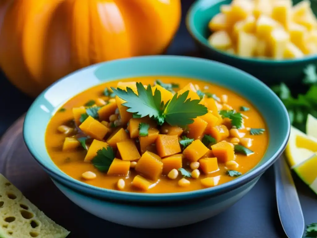 Un delicioso locro de zapallo andino, guiso vibrante con cilantro y maíz tostado