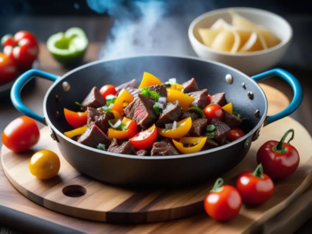 Delicioso lomo saltado cultural en plena preparación, con ingredientes frescos y coloridos en movimiento por un experto chef