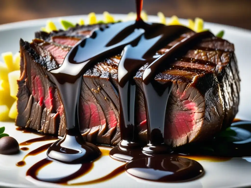 Delicia carnívora: jugoso filete con salsa de chocolate Delicioso maridaje de chocolate y carnes en la gastronomía hispana: steak con salsa de chocolate