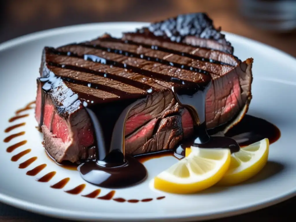 Delicia de carne con salsa de chocolate: contraste irresistible Delicioso maridaje: suculento filete a la parrilla con salsa de chocolate en la gastronomía hispana