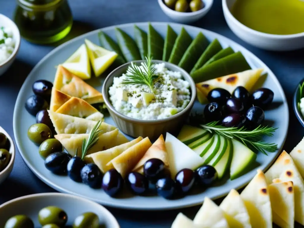 Delicioso mezze griego con dolmades, tzatziki, spanakopita, aceitunas y queso feta