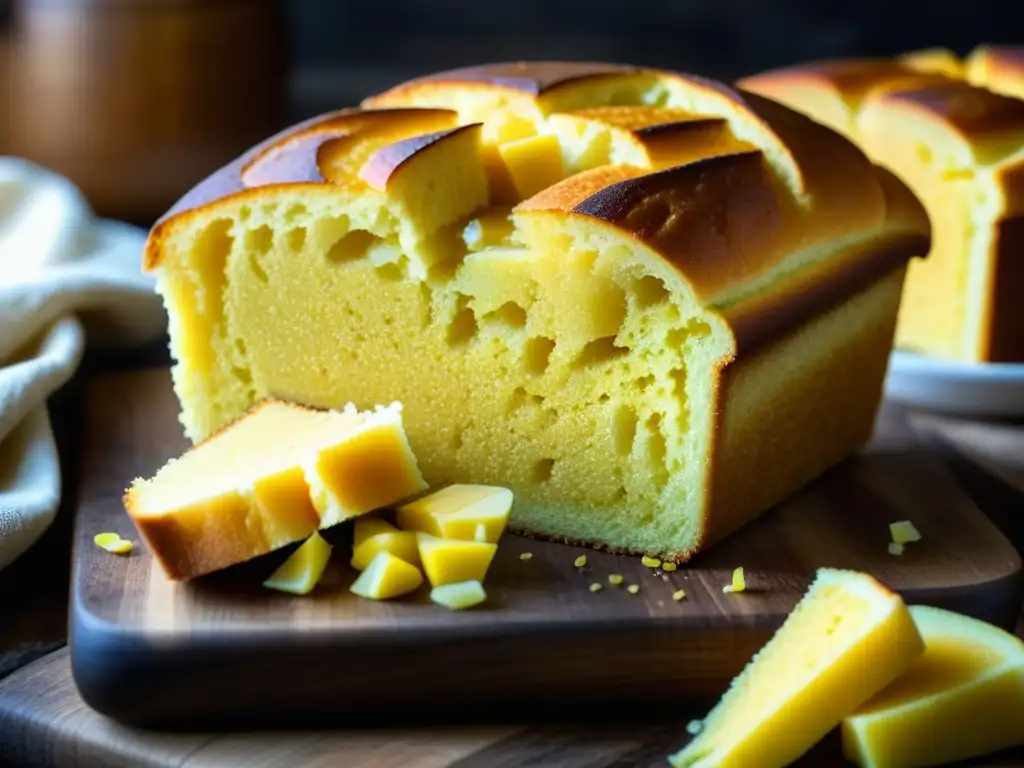 Delicioso pan de maíz recién horneado con mantequilla, rodeado de mazorcas de maíz