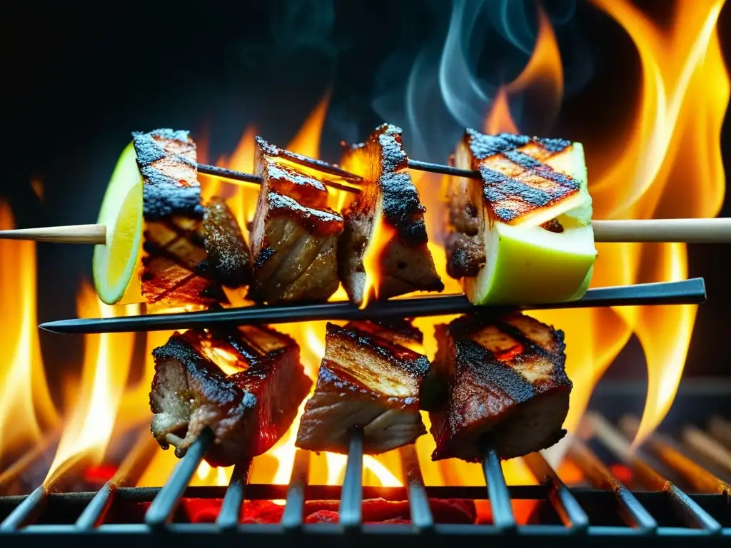 Delicioso kebab girando sobre la parrilla, con caramelo y especias