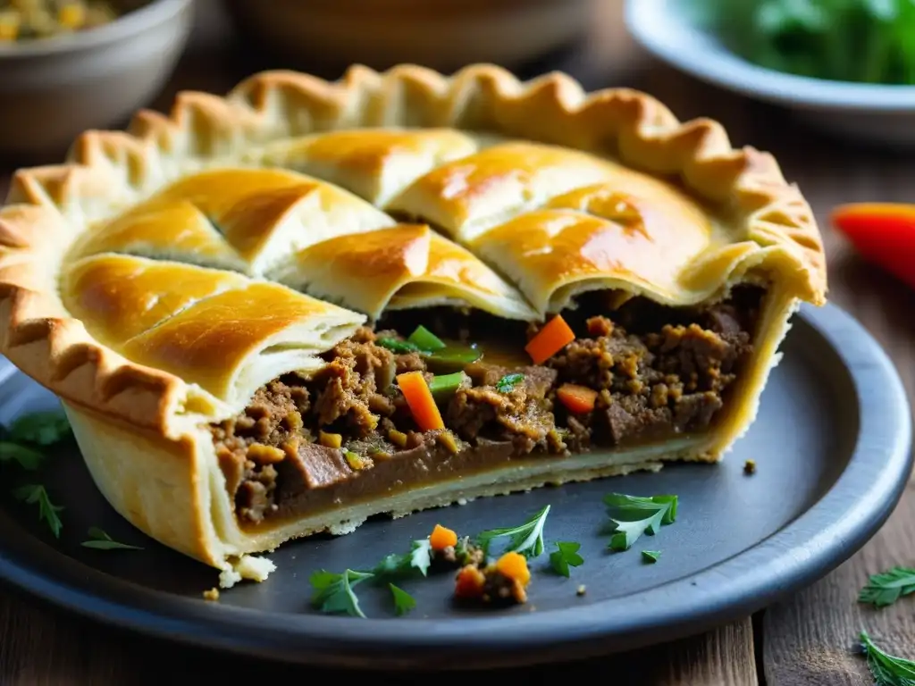 Delicioso pastel de carne al estilo surasiático recién horneado en una mesa rústica con especias esparcidas