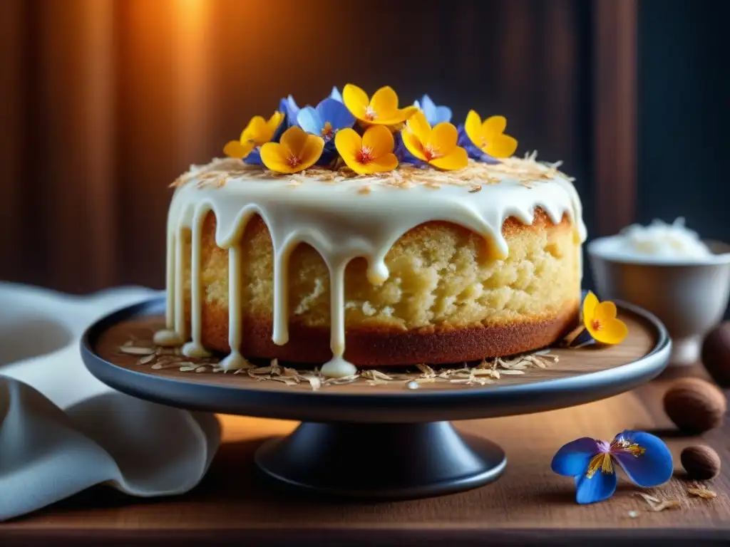 Exquisito pastel de coco y cardamomo de Tanzania: fusión única de sabores africanos Un delicioso pastel de coco y cardamomo tanzano, con crema de coco y flores comestibles