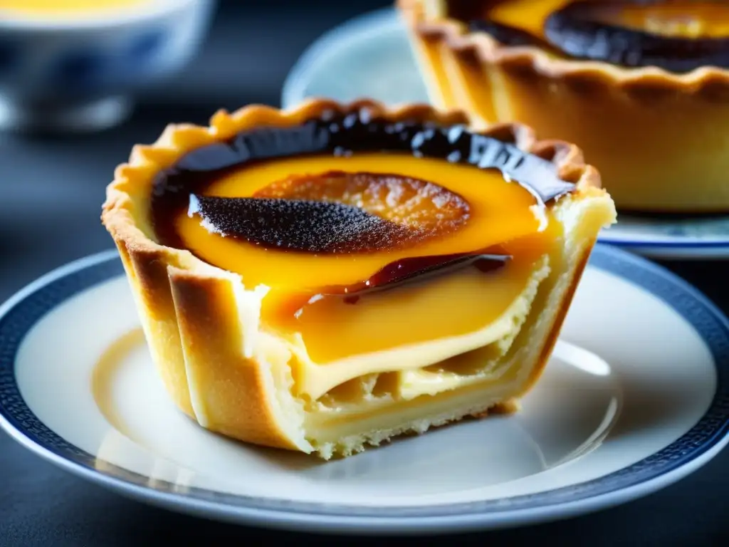 Delicioso Pastel de Nata portugués en plato japonés, fusionando influencias culinarias: Impacto cultural cocina japonesa portuguesa