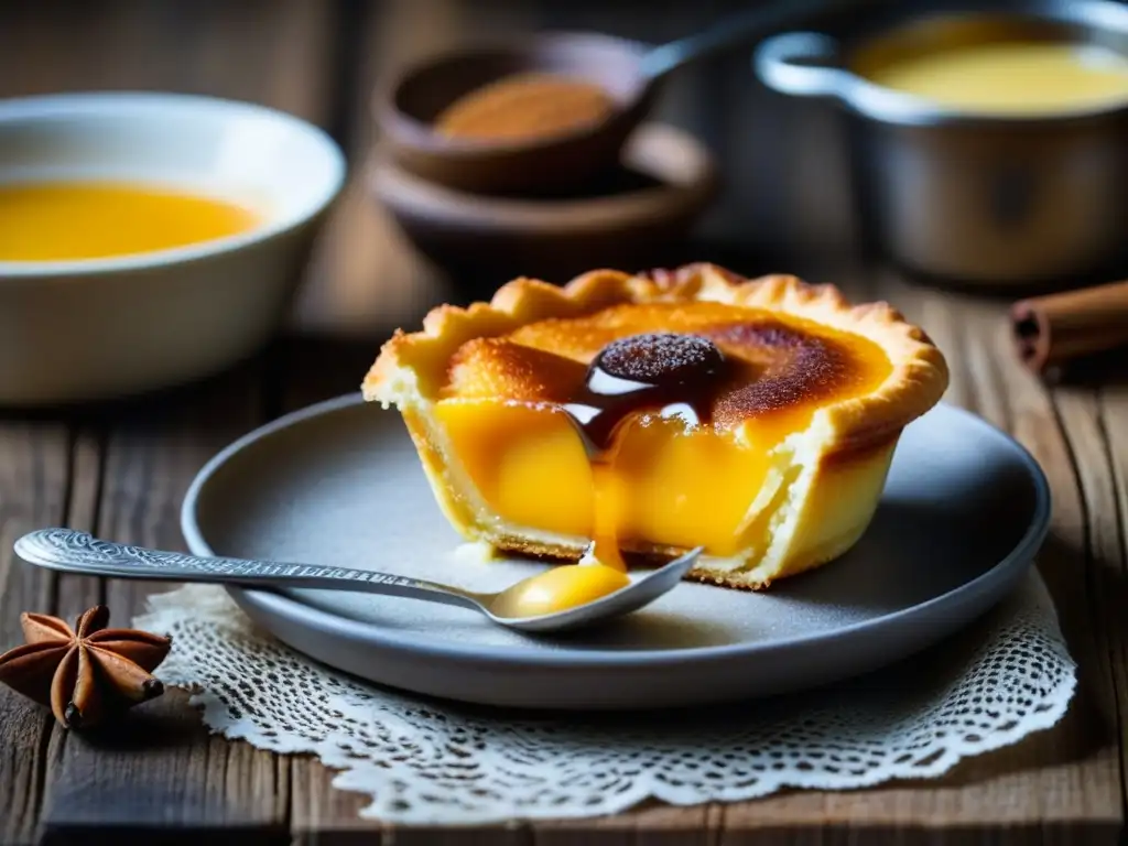 Delicioso pastel de nata portugués en mesa de madera, evocando la gastronomía histórica en la Era de los Descubrimientos