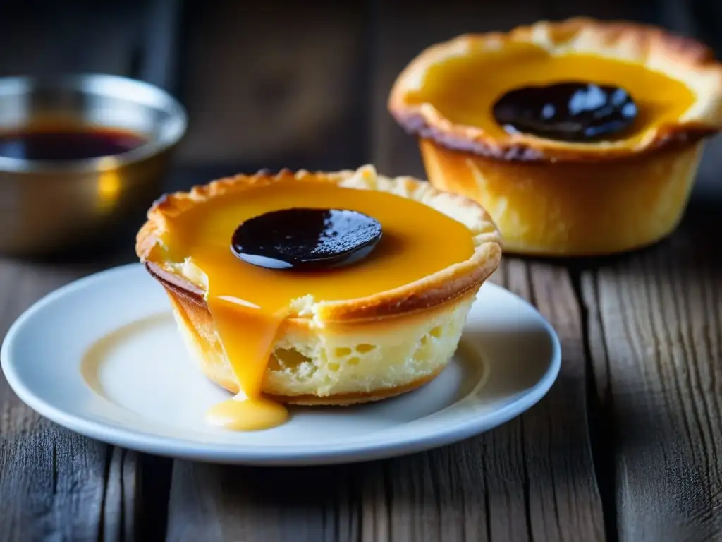 Delicioso pastel de nata portugués en mesa rústica, destacando la presencia portuguesa en cocina brasileña