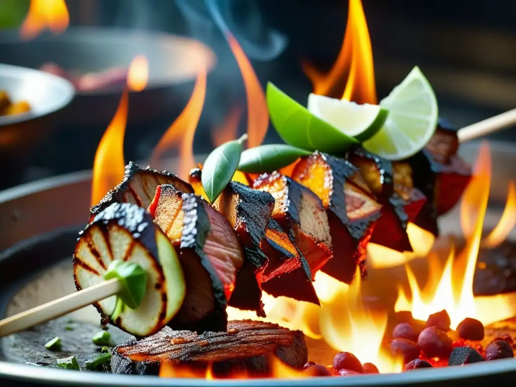 Delicioso pincho tandoori con carne marinada, brillante y con bordes carbonizados, frente a un horno típico punjabi