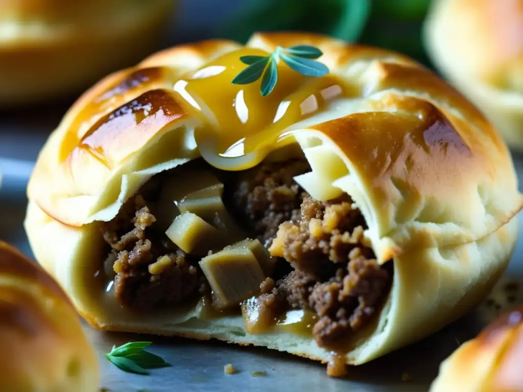 Delicioso pirozhki dorado con relleno de carne sazonada y cebolla