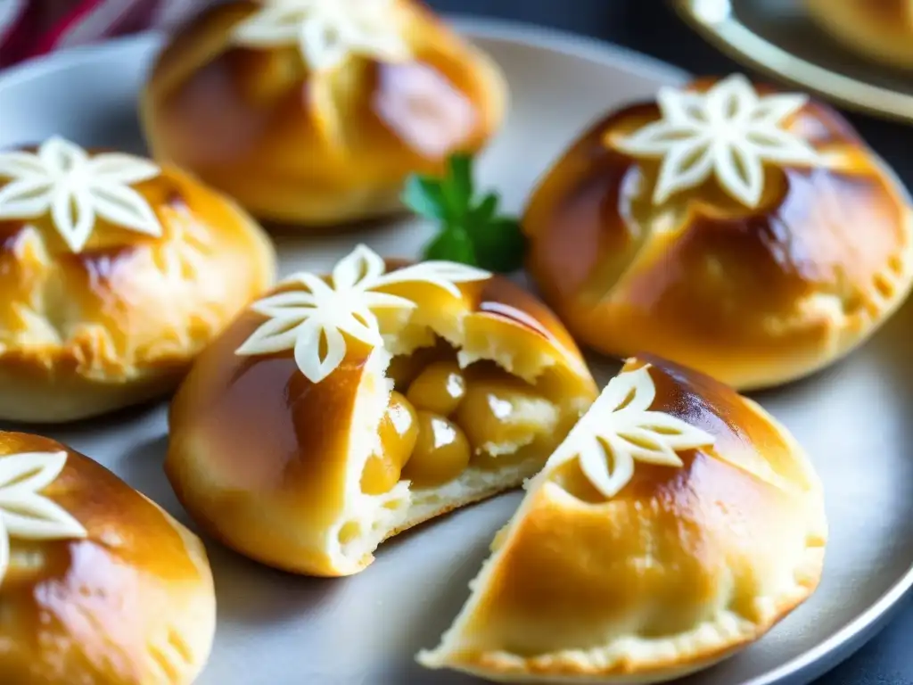 Delicioso Pirozhki ruso dorado recién horneado con relleno de carne y hierbas