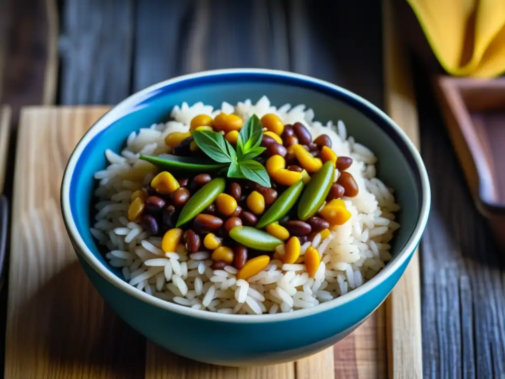 Un delicioso plato de arroz y frijoles caribeños en una auténtica fuente de cerámica, sobre una mesa rústica de madera