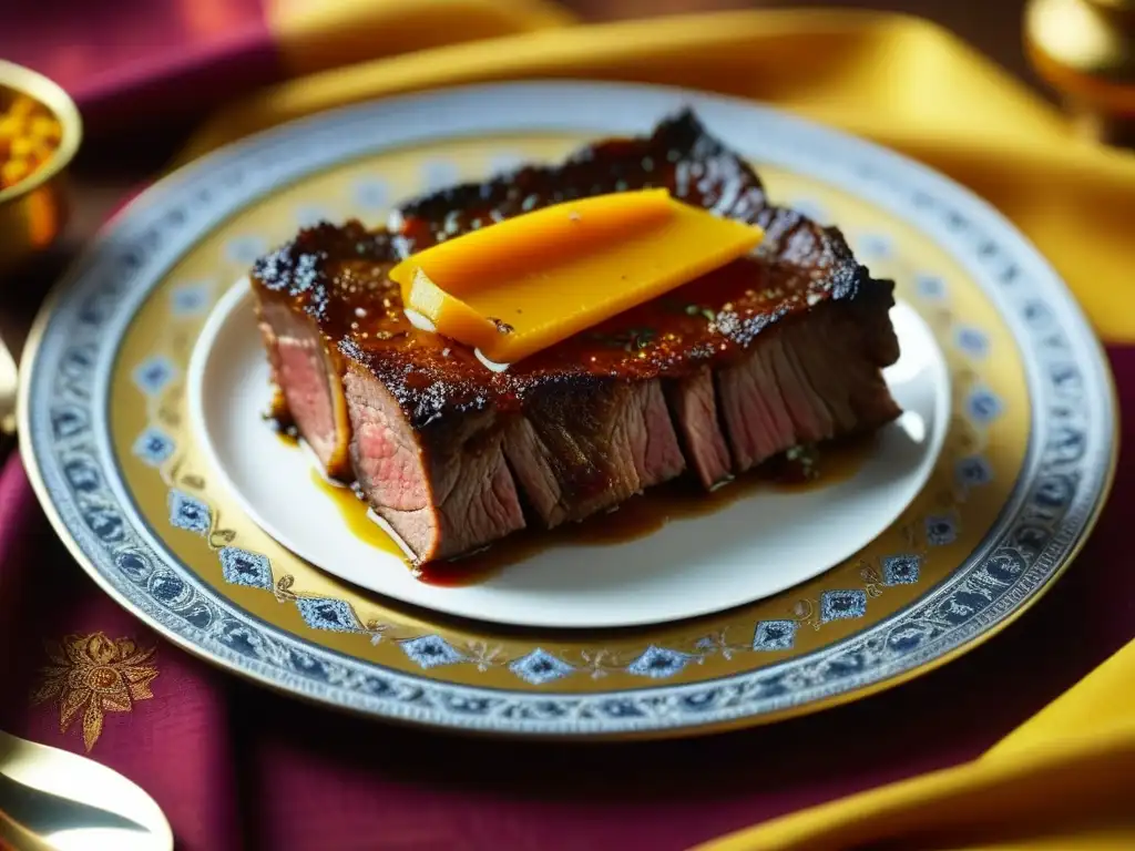 Delicioso plato de carne de caza Mughal, con especias y decoración real