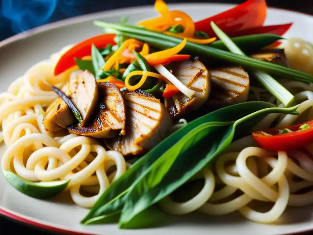 Un delicioso plato emblemático de fusión IndoChina: fideos salteados con pollo y verduras, listo para saborear con palillos chinos